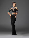 Beaded Open-Back Sheath High-Neck Cold Shoulder Sleeves Floor Length Sheath Dress/Evening Dress