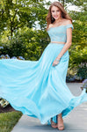 A-line Chiffon Off the Shoulder Floor Length Beaded Evening Dress