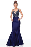 Sophisticated V-neck Satin Plunging Neck Natural Princess Seams Waistline Fitted Cutout Glittering Open-Back Beaded Mermaid Floor Length Sleeveless Dress with a Brush/Sweep Train