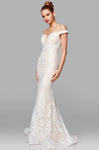 Lace Off the Shoulder Plunging Neck Sheer Back Zipper Fitted Mermaid Natural Waistline Dress with a Brush/Sweep Train