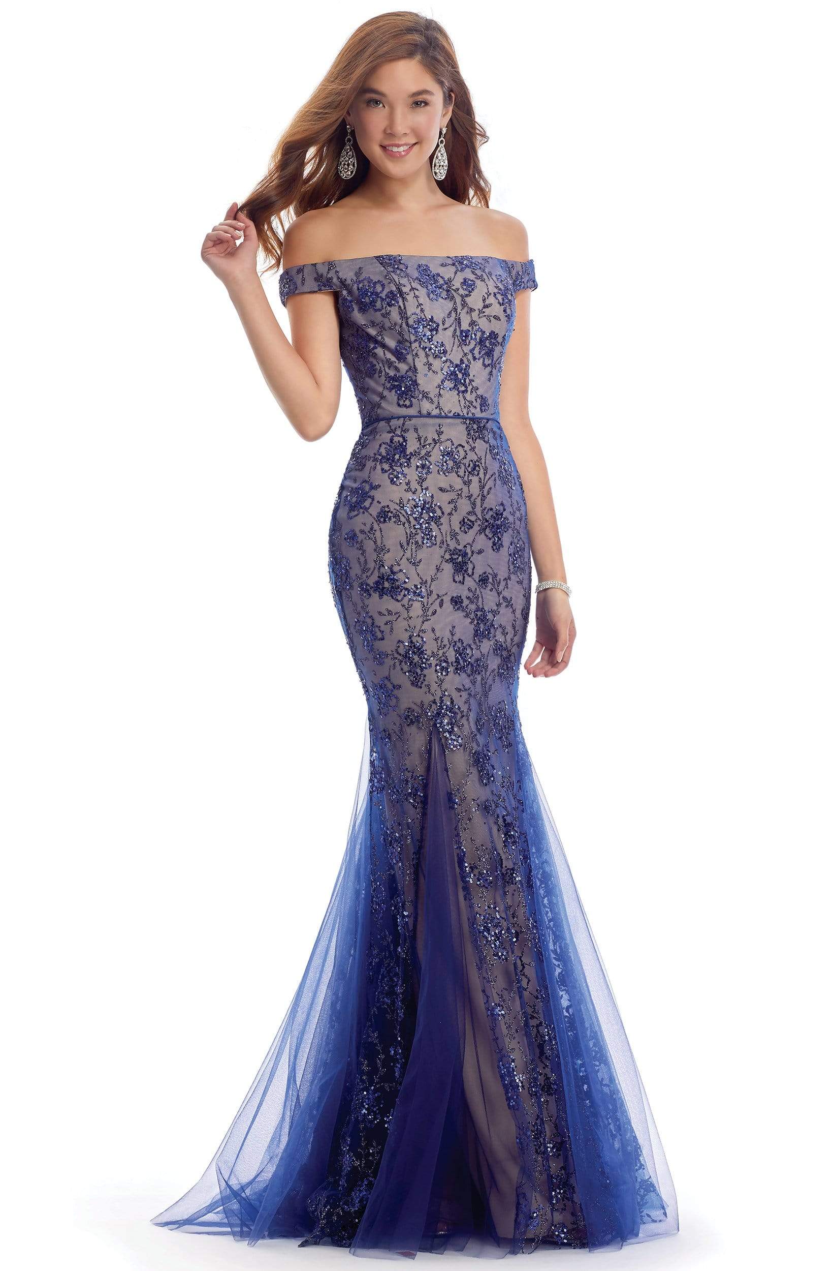 Clarisse - 8014 Off-Shoulder Lace-Up Back Sequined Sheath Dress
