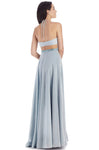 A-line Floor Length Sleeveless Halter Natural Waistline Sheer Fitted Open-Back Cutout Beaded Wrap Dress