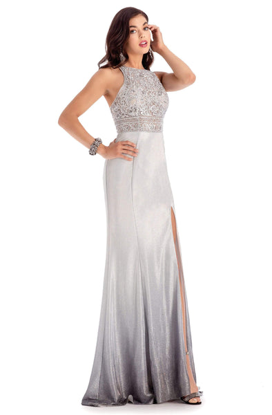 Jeweled Neck Halter Sheath Sleeveless Natural Waistline Illusion Back Zipper Slit Embroidered Sheath Dress with a Brush/Sweep Train