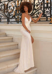 Sophisticated V-neck Natural Waistline Lace-Up Sequined Slit Mermaid Spaghetti Strap Dress with a Brush/Sweep Train