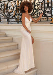 Sophisticated V-neck Mermaid Lace-Up Slit Sequined Natural Waistline Spaghetti Strap Dress with a Brush/Sweep Train