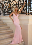 Sophisticated V-neck Spaghetti Strap Natural Waistline Slit Lace-Up Sequined Mermaid Dress with a Brush/Sweep Train