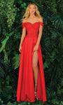 Sexy A-line Floor Length Pleated Embroidered Lace-Up Slit Cap Sleeves Off the Shoulder Sweetheart Corset Natural Waistline Dress
