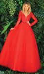 Modest A-line V-neck Lace-Up Beaded Plunging Neck Floor Length Tulle Sheer Long Sleeves Natural Waistline Evening Dress