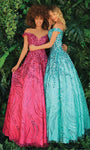 General Print Corset Natural Waistline Off the Shoulder Floor Length Sheer Lace-Up Illusion Sequined Dress