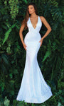 V-neck Mermaid Floor Length Plunging Neck Sleeveless Natural Waistline Back Zipper Sequined Open-Back Fitted General Print Dress with a Brush/Sweep Train