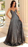 A-line V-neck Empire Waistline Spaghetti Strap Open-Back Wrap Lace-Up Sequined Prom Dress with a Brush/Sweep Train
