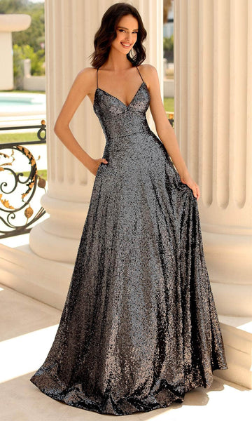 A-line V-neck Empire Waistline Spaghetti Strap Wrap Open-Back Sequined Lace-Up Prom Dress with a Brush/Sweep Train
