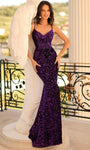 V-neck Mermaid Spaghetti Strap Wrap Lace-Up Sequined Natural Waistline Prom Dress with a Brush/Sweep Train