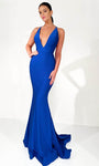 V-neck Sleeveless Sheath Floor Length Natural Waistline Jersey Ruched Open-Back Back Zipper Plunging Neck Sheath Dress/Prom Dress with a Brush/Sweep Train