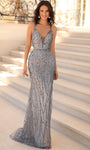 V-neck Sheath Illusion Open-Back Beaded Sequined Mesh Belted Natural Waistline Plunging Neck Sheath Dress/Prom Dress with a Brush/Sweep Train