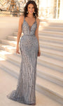 V-neck Sheath Beaded Open-Back Sequined Belted Illusion Mesh Natural Waistline Plunging Neck Sheath Dress/Prom Dress with a Brush/Sweep Train