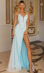 V-neck Sheath Sleeveless Plunging Neck Floor Length Natural Waistline Lace Slit Fitted Sequined Cutout Open-Back Sheath Dress/Prom Dress with a Brush/Sweep Train