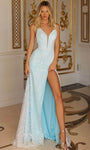 V-neck Floor Length Sheath Sleeveless Fitted Sequined Open-Back Slit Cutout Lace Plunging Neck Natural Waistline Sheath Dress/Prom Dress with a Brush/Sweep Train