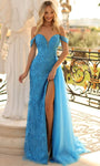 Sexy V-neck Off the Shoulder Lace-Up Slit Glittering Sheer Natural Waistline Sheath Plunging Neck Sheath Dress/Prom Dress with a Brush/Sweep Train With Rhinestones and a Sash