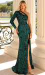 Long Sleeves One Shoulder Cutout Slit Sequined Asymmetric Sheath Natural Waistline Velvet Sheath Dress/Prom Dress with a Brush/Sweep Train