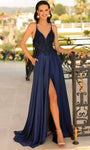 Sexy A-line V-neck Floor Length Spaghetti Strap Plunging Neck Natural Waistline Slit Cutout Illusion Beaded Applique Lace-Up Prom Dress with a Brush/Sweep Train