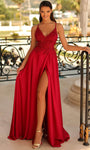 Sexy A-line V-neck Slit Beaded Lace-Up Illusion Cutout Applique Plunging Neck Spaghetti Strap Floor Length Natural Waistline Prom Dress with a Brush/Sweep Train