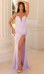 V-neck Sheer Sequined Fitted Lace-Up Slit Sleeveless Floor Length Sheath Plunging Neck Natural Waistline Sheath Dress