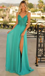 Sexy Sophisticated A-line V-neck Lace-Up Beaded Slit Embroidered Applique Natural Waistline Flutter Sleeves Spaghetti Strap Plunging Neck Prom Dress with a Brush/Sweep Train