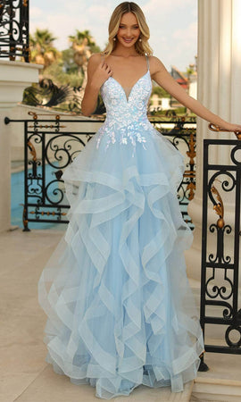 Clarisse V-Neck Ruffled Tiered Evening Gown