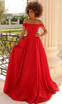 A-line Fall Basque Corset Waistline Pleated Pocketed Lace-Up Off the Shoulder Jersey Prom Dress with a Brush/Sweep Train