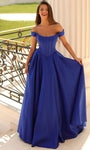 A-line Off the Shoulder Pleated Lace-Up Pocketed Jersey Fall Basque Corset Waistline Prom Dress with a Brush/Sweep Train