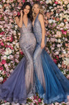 V-neck Halter Plunging Neck Natural Waistline Mermaid Fitted Backless Pleated Glittering Open-Back Beaded Sequined Sleeveless Tulle Dress with a Chapel Train