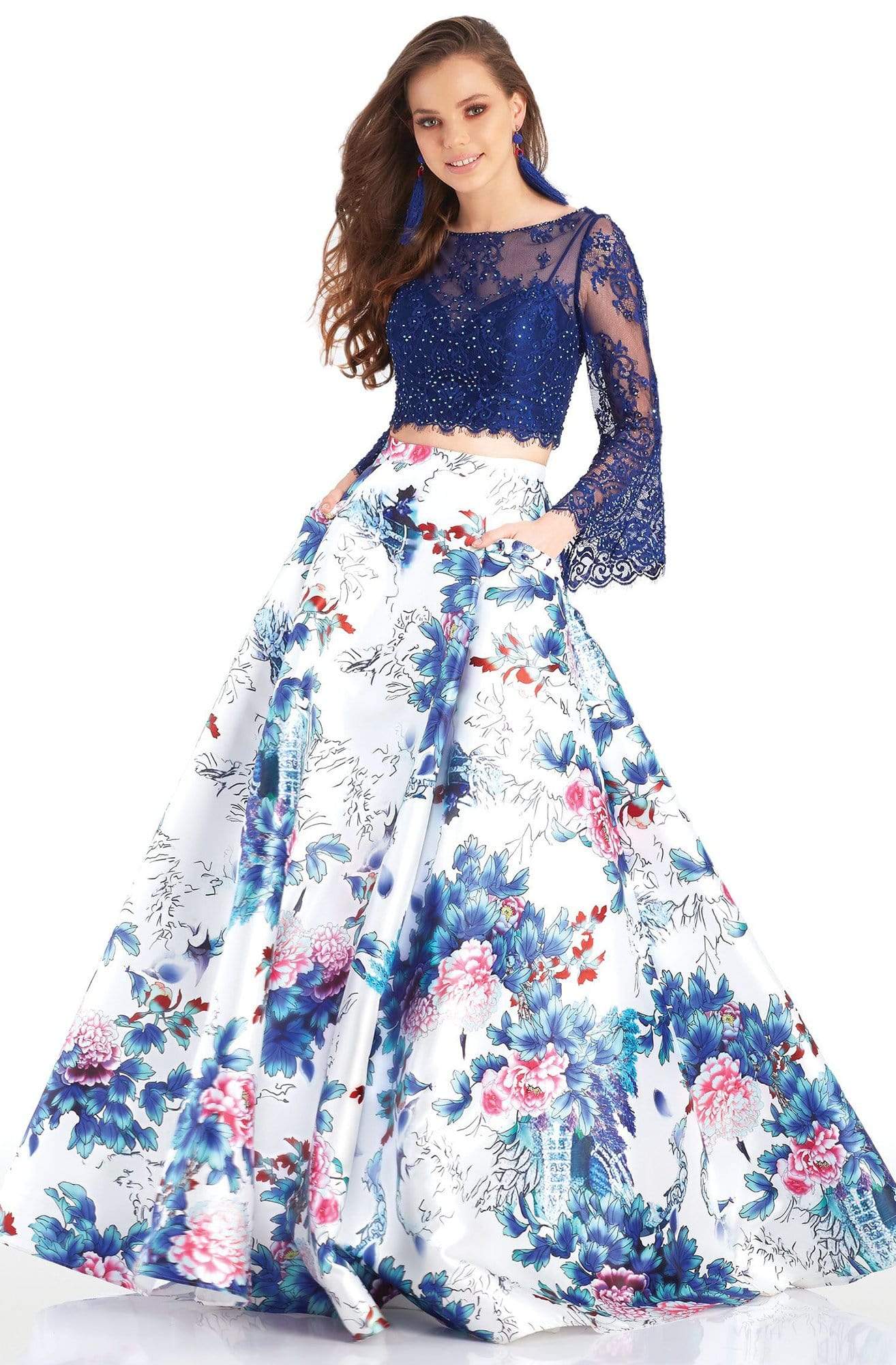 Clarisse Couture - 4977 Two-Piece Lace and Floral Print Evening Dress
