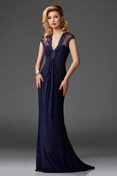 Modest V-neck Floor Length Empire Waistline Sheath Cap Sleeves Gathered Sheer Beaded Sheath Dress/Evening Dress