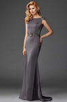 Sophisticated Applique Beaded V Back Floor Length Bateau Neck Natural Waistline Cap Sleeves Sheath Sheath Dress with a Brush/Sweep Train