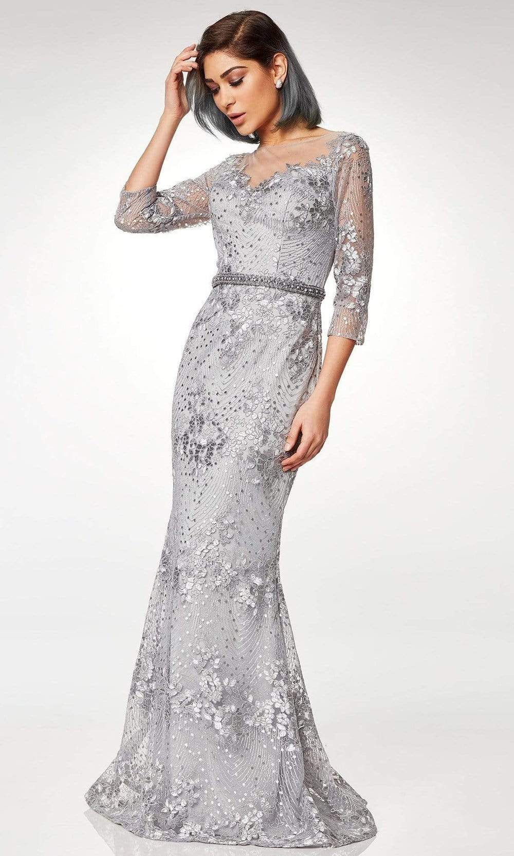 Clarisse - M6502 Quarter Sleeve Lace Appliqued Mesh Trumpet Gown