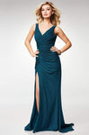 V-neck Ruched Slit Glittering Draped Gathered Fitted Jersey Floor Length Natural Waistline Sheath Cowl Neck Sleeveless Sheath Dress/Evening Dress with a Court Train