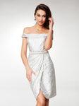 Beaded Wrap Asymmetric Belted Back Zipper Pleated Fitted Cocktail Short Brocade Sheath Off the Shoulder Pencil-Skirt Natural Waistline Sheath Dress