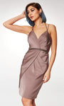 Sophisticated V-neck Sheath Cocktail Above the Knee Sleeveless Satin Natural Waistline Beaded Pleated Illusion Open-Back Back Zipper Gathered Fitted Sheath Dress