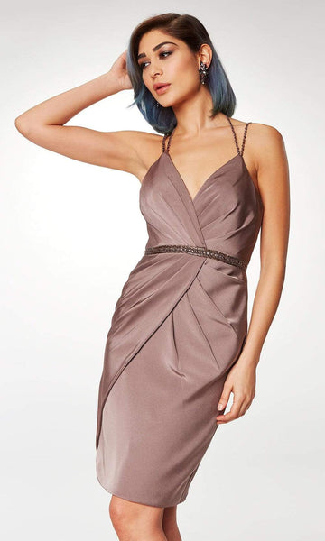 Sophisticated V-neck Illusion Pleated Gathered Open-Back Back Zipper Fitted Beaded Natural Waistline Cocktail Above the Knee Sleeveless Satin Sheath Sheath Dress