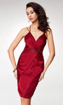 Sophisticated V-neck Sleeveless Cocktail Above the Knee Gathered Pleated Back Zipper Beaded Open-Back Fitted Illusion Sheath Satin Natural Waistline Sheath Dress