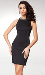 Sheath Sleeveless Halter Natural Waistline Satin Short Sheer Beaded Crystal Fitted Sheath Dress/Evening Dress