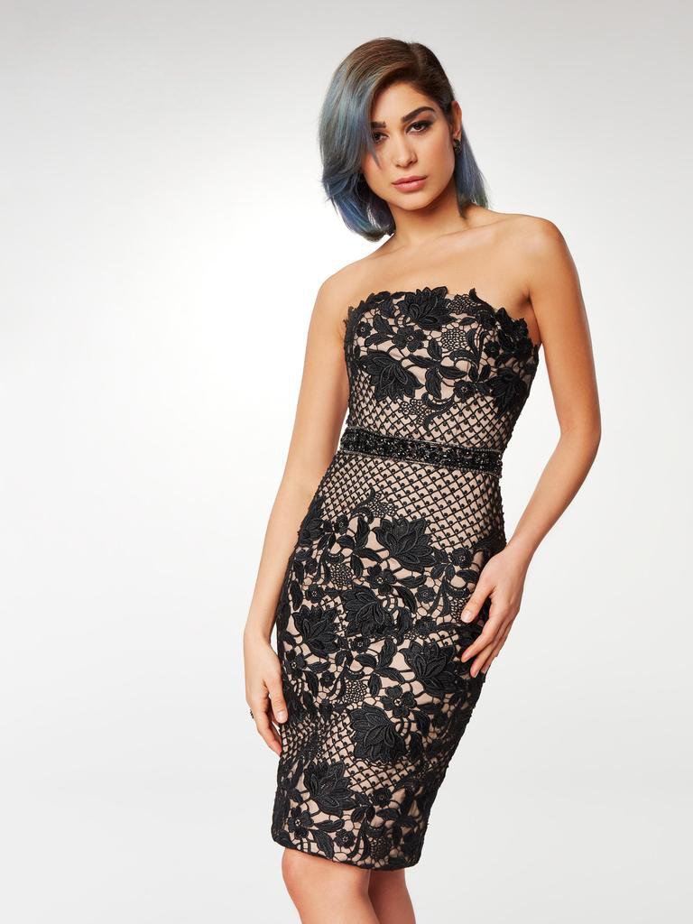 Clarisse - M6571 Knee Length Embroidered Lace Strapless Dress