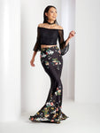 2018 Floral Print Fitted Bell Sleeves Off the Shoulder Prom Dress