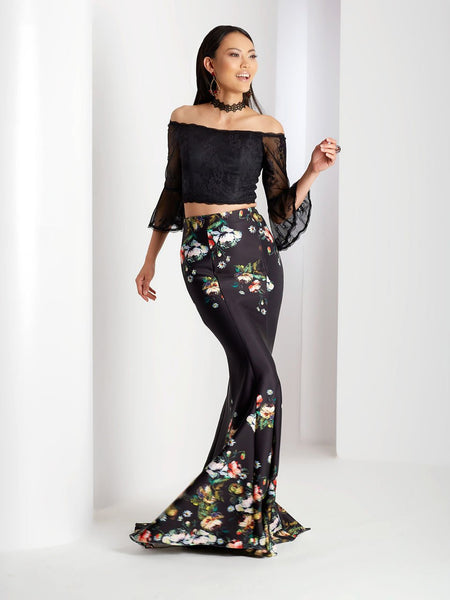 Bell Sleeves Off the Shoulder Fitted 2018 Floral Print Prom Dress