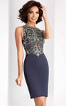 Short Sleeveless Natural Waistline Mesh Back Zipper Keyhole Illusion Jeweled Sheer Jeweled Neck Sheath Sheath Dress