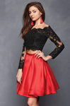 A-line Two-Toned Print Natural Waistline Pleated Back Zipper Long Sleeves Off the Shoulder Short Lace Dress