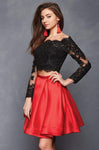 A-line Lace Pleated Back Zipper Long Sleeves Off the Shoulder Natural Waistline Short Two-Toned Print Dress