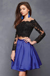 A-line Short Lace Long Sleeves Off the Shoulder Pleated Back Zipper Two-Toned Print Natural Waistline Dress