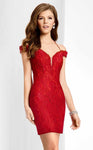 Short Off the Shoulder Halter Plunging Neck Lace Open-Back Sheath Sheath Dress by Clarisse